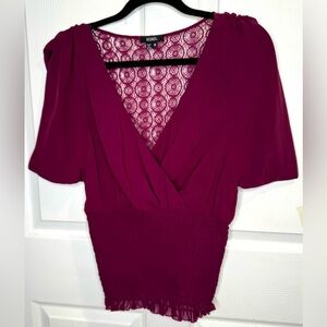 XOXO Maroon Wrap Blouse with Ruched Waist & Sheer Lace Back Detail. Size M.